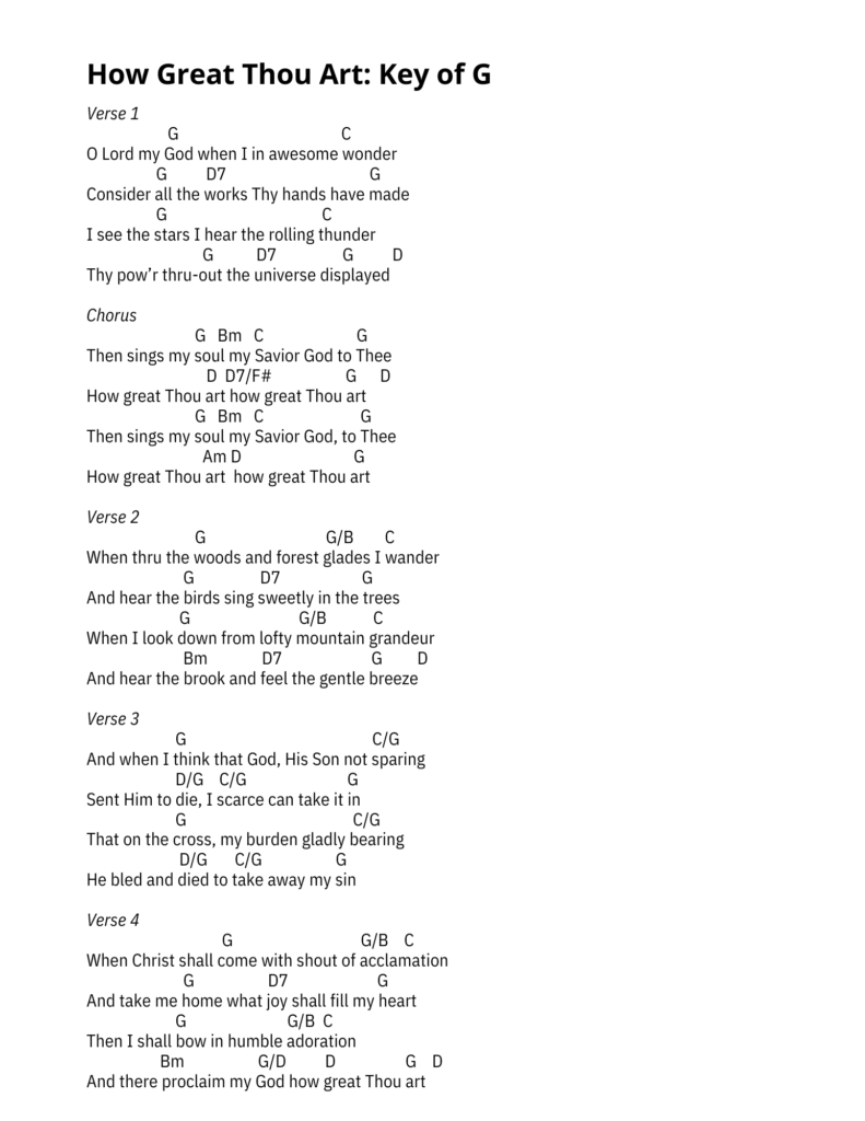 How great thou art chord chart key of G